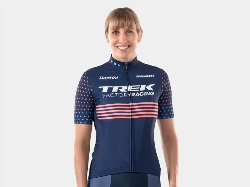 Trek Santini Factory Racing Women's CX Team Replica Cycling Short Sleeve Jersey in Blue/Coral